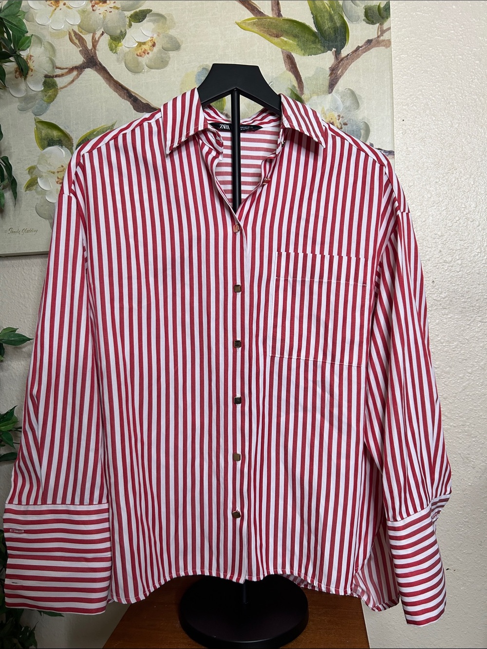 Zara Red and White Vertical Stripe Casual Button-Down Shirt